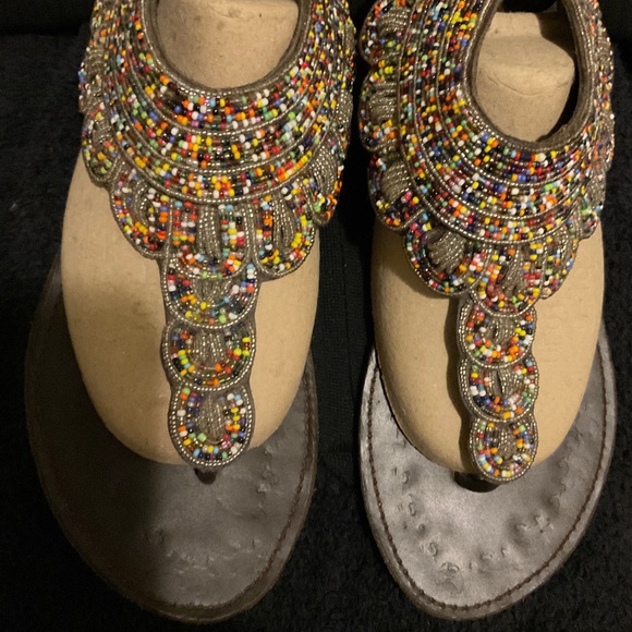 🆕SIZE 10 AFRICAN HANDMADE BROWN LEATHER COLORFUL BEADED THONG SANDALS - Picture 5 of 16